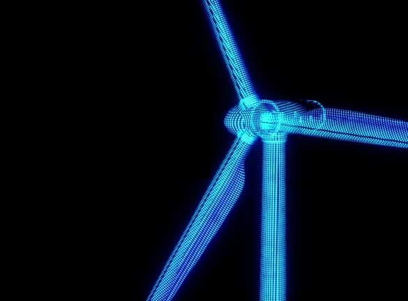 blue wireframe diagram outline of wind turbine on black background